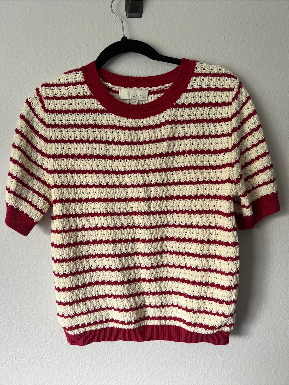 PINCH crochet trim knit in red and cream short sleeve sweater top